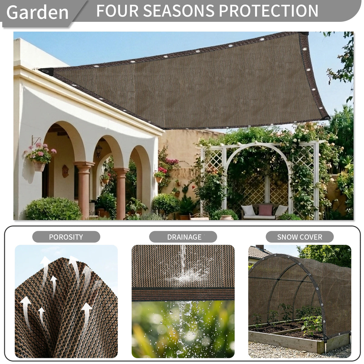 toile protection solaire marron clair tissée moderne clips métalliques cordelette 100x200cm 200x300cm 200x400cm 300x400cm