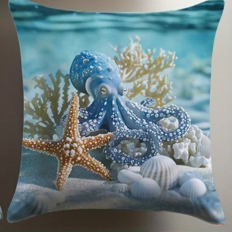 taies d'oreiller motif marin étoiles mer poissons moderne bleu clair coussin carré 45x45cm polyester