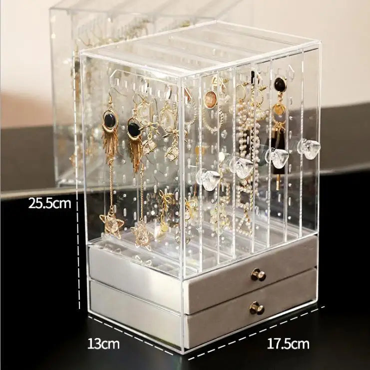 boîte bijoux transparente moderne velours intérieur poignées cristal boucles d'oreilles bracelets montres grande capacité