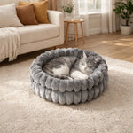 lit chat velours doux beige gris moderne confortable coussin amovible