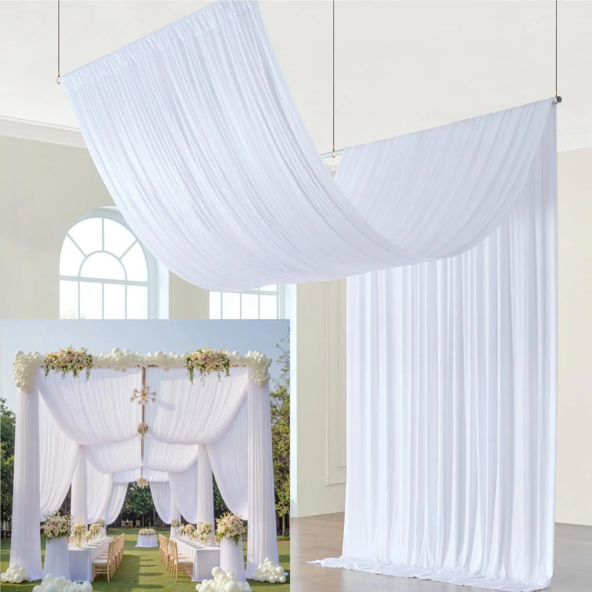 rideau fond blanc tissu opaque décor cérémonie mariage fête anniversaire moderne élégant