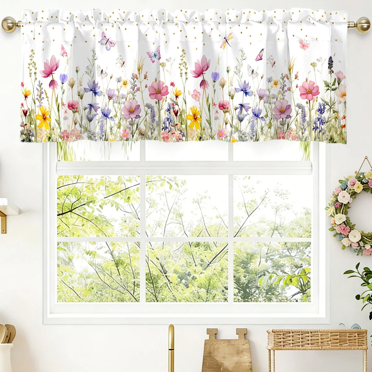 rideau floral printemps tournesol eucalyptus sauvage fleuri décoration fenêtre cuisine chambre semi transparent polyester