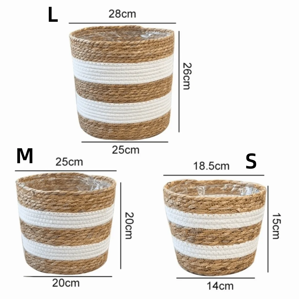 panier bohème cylindrique texture fibreuse strié beige blanc intérieur transparent plantes fleurs