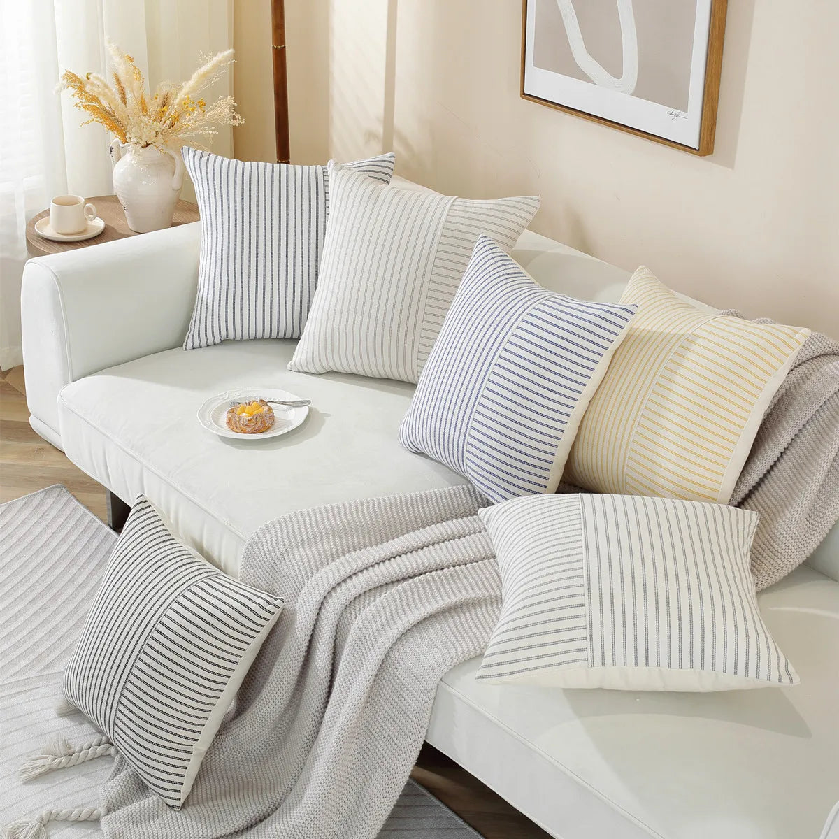 housse coussin carré rayé moderne coton lin 45x45 50x50 60x60 beige noir salon chambre