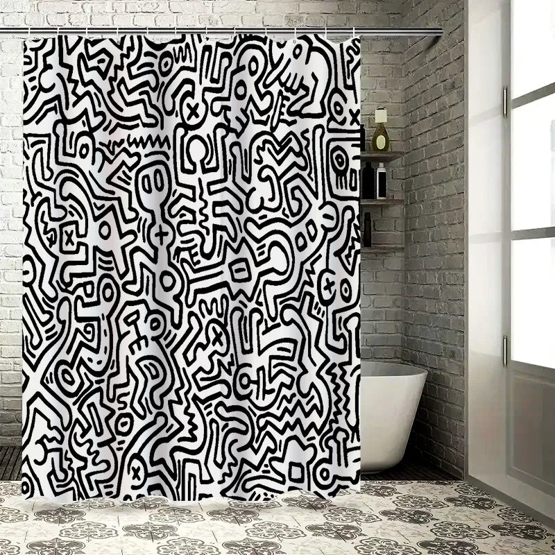 rideau douche moderne noir blanc graphique abstrait imperméable résistant respectueux environnement anneaux métalliques large
