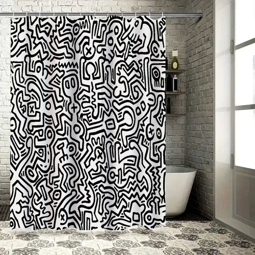 rideau douche moderne noir blanc graphique abstrait imperméable résistant respectueux environnement anneaux métalliques large