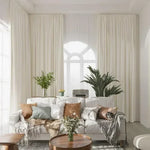 rideau moderne polyester beige clair rayures verticales blanches fenêtre française opaque tulle