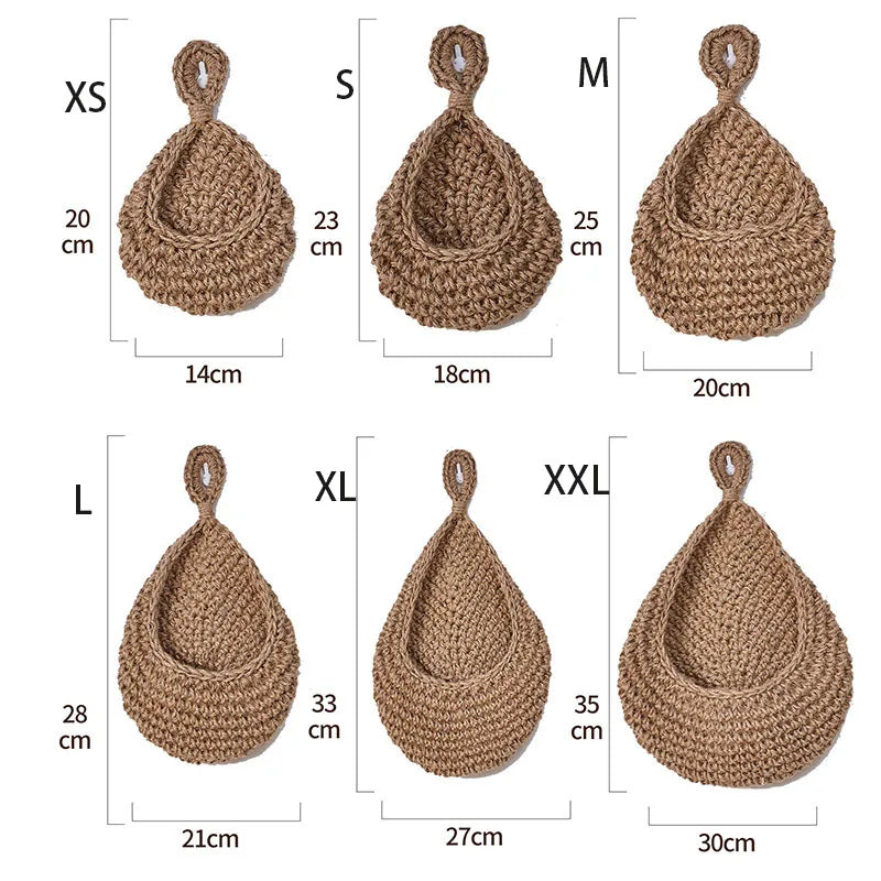 paniers suspendus tissu crocheté beiges rustiques respectueux environnement anneaux métalliques multifonctionnels rangement cuisine decoration