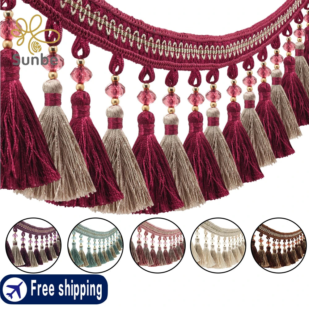 ruban franges rouge bordeaux beige clair decoratif textile maison bordure pompons 11cm