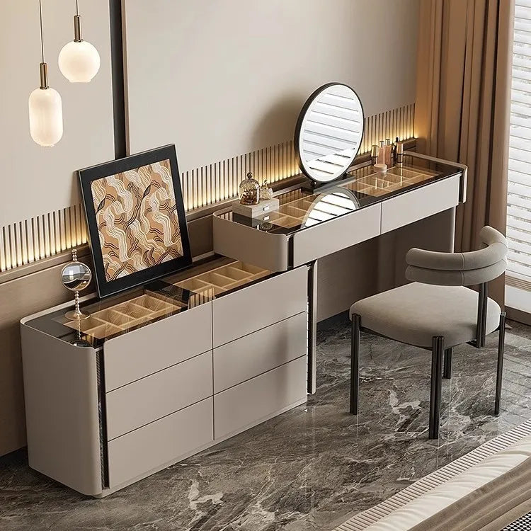 meuble rangement moderne commode tiroirs table maquillage miroir tabouret bois chêne massif beigeclair