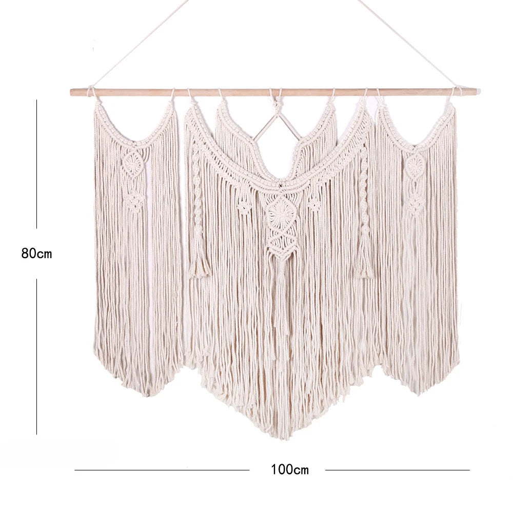 tapisserie macramé géométrique franges bohème décoration murale øllets beige clair