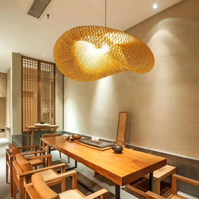 suspension lumineuse moderne tissée bambou fibre naturelle beige clair passe câble autonome