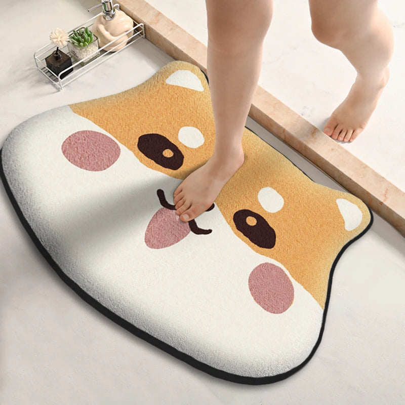 tapis sol antidérapant polyester gris moderne visage chat décoration intérieure petite fleurs noires salle