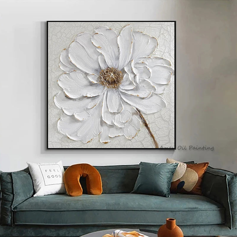 tableau abstrait moderne fleurs blanches peinture huile toile carré blanc doré 50x50cm 60x60cm 70x70cm