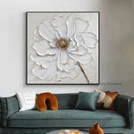 tableau abstrait moderne fleurs blanches peinture huile toile carré blanc doré 50x50cm 60x60cm 70x70cm