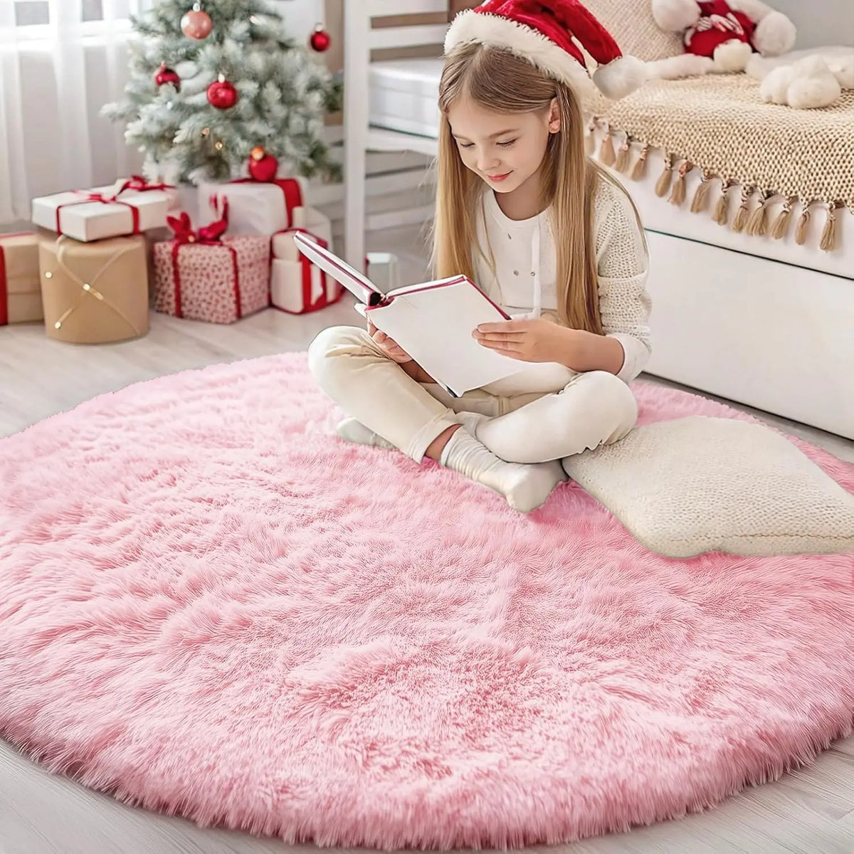tapis rond pelucheux rose moderne chambre enfants 100cm 120cm 140cm 160cm