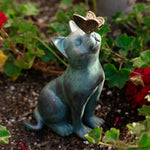 statue decorative chat papillon vert bronze marron resine patio jardin animalier texturé patine