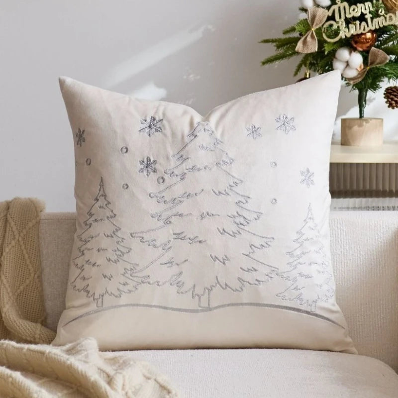 housse coussin brodée arbre noël moderne 45x45cm polyester coton velours rouge vert bleu gris
