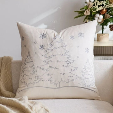 housse coussin brodée arbre noël moderne 45x45cm polyester coton velours rouge vert bleu gris