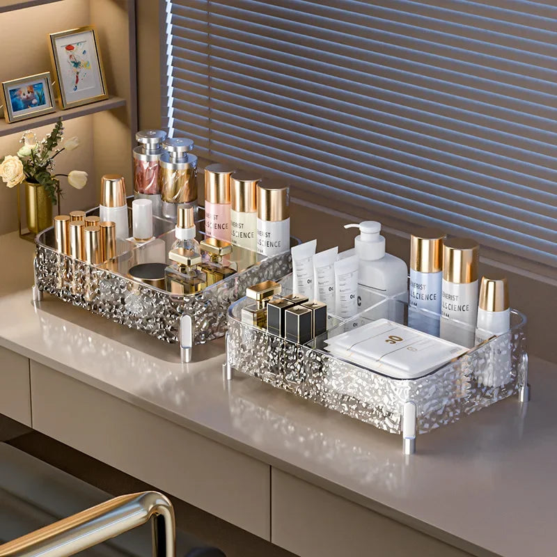 organisateur maquillage transparent moderne strass dorés pieds métalliques compartiment divisé fourre tout rechargeable pliable