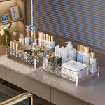 organisateur maquillage transparent moderne strass dorés pieds métalliques compartiment divisé fourre tout rechargeable pliable