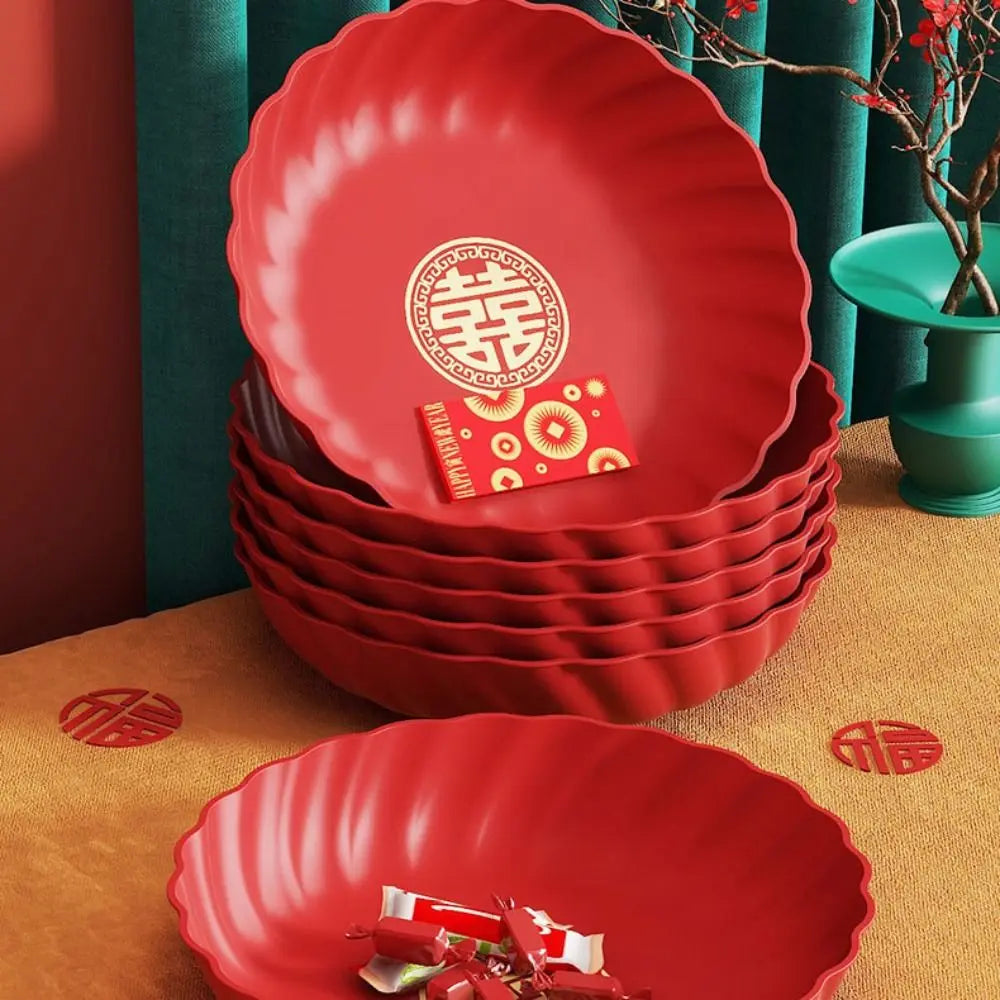 assiettes décoratives rouge motif chinois ondulé deux tailles modernes festives collations événements