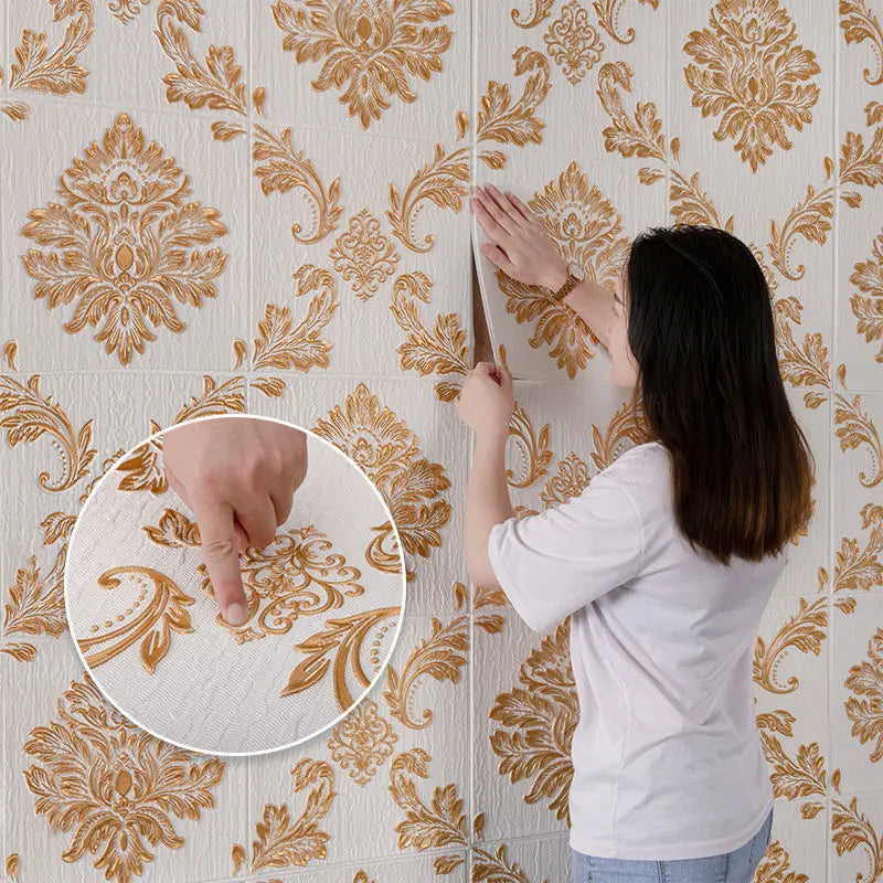 autocollant mural 3D floral baroque 70x70cm classique beige or résistant humide salon chambre