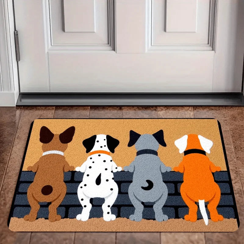 tapis d'entrée moderne chiens assis marron noir blanc bienvenue salon humouristique adhésif résistant
