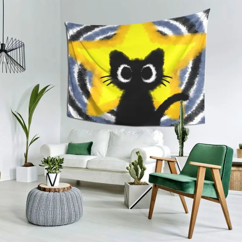 tapisserie murale moderne chat noir yeux blancs fond abstrait polyester lavable grande taille chambre