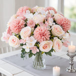 bouquet fleurs artificielles soie moderne blanc rose clair violet intérieur décoration anniversaire mariage table