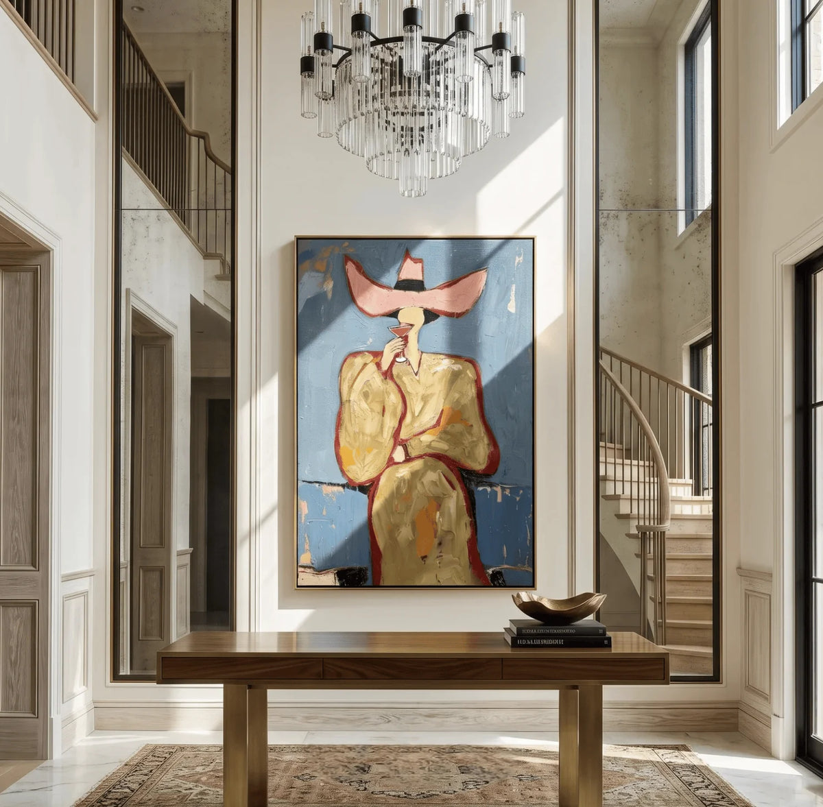 tableau abstrait moderne expressionniste toile rose bleu beige sans cadre décoration murale chambre salon