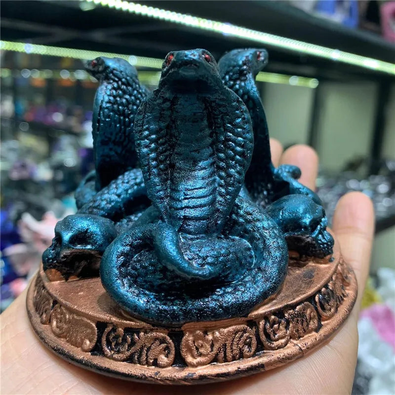statue serpent tête crâne argent bleu vert motifs floraux artisanal feng shui maison