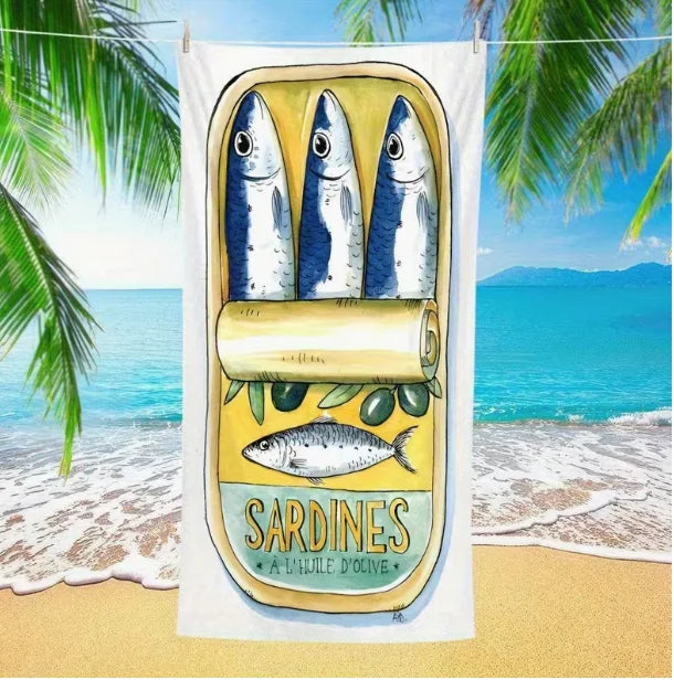serviette plage vintage motif sardines microfibre rapide séchage rose blanche bleue verte