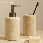 Accessoires salle de bain en travertin - Porte-brosse à dents et distributeur de savon