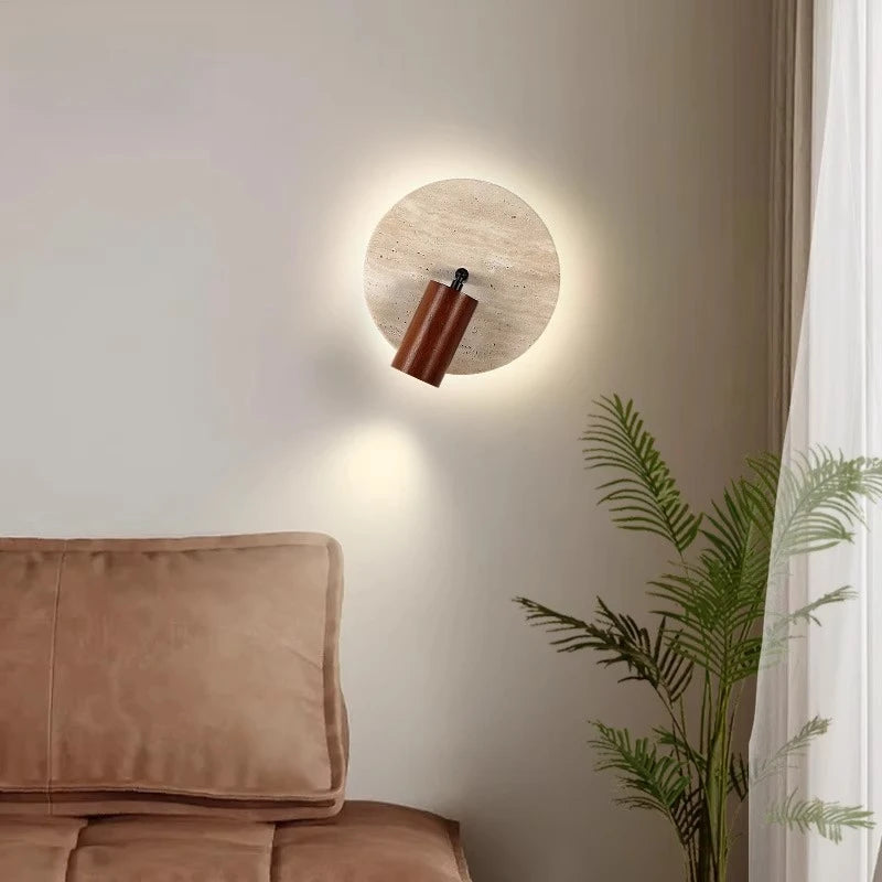 lampe murale moderne pierre jaune texture bois naturel peach beige interrupteur câble minimaliste