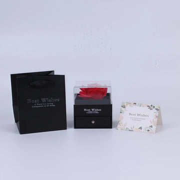 rose préservée coffret transparent tiroir collier sac cadeau rouge noir romantique élégant anniversaire valentin