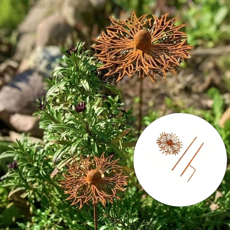décoration jardin fleur métallique orange rouille aspect vieilli rustique pétales ajourés fixable sol