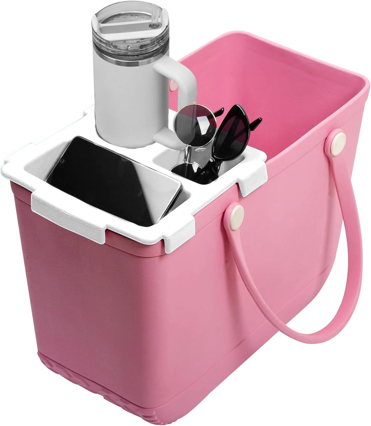 boîte rangement rose pratique compartiment smartphone lunettes soleil voyage moderne