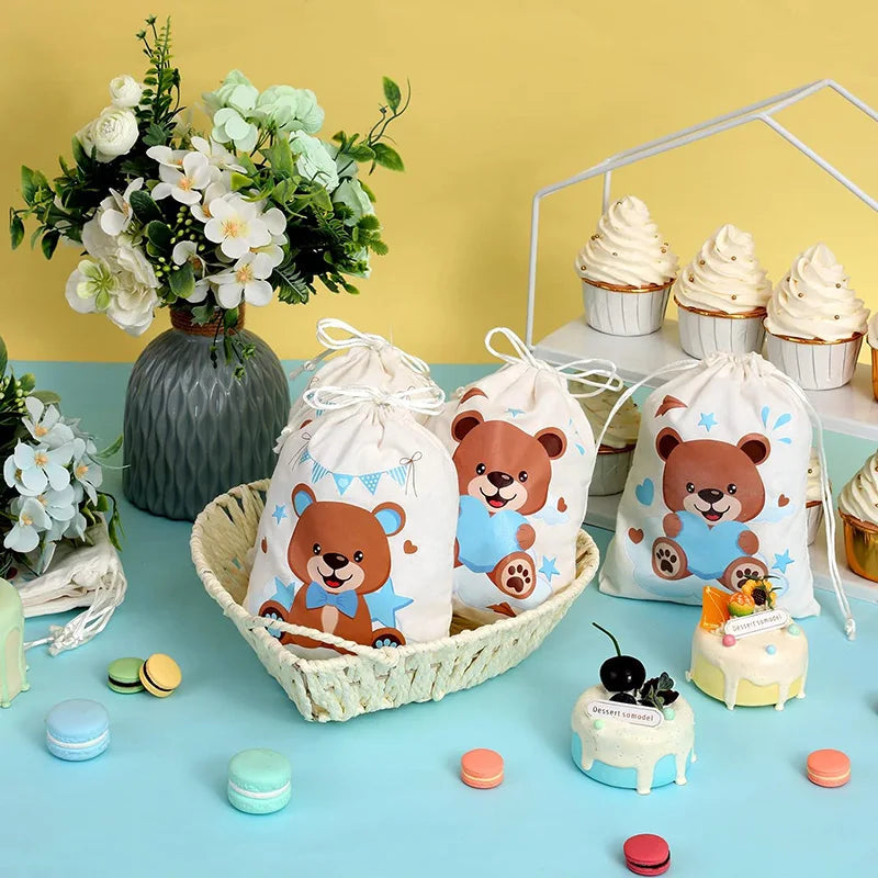 sacs tissu ours nuages bannières étoiles cordon serrage cupcakes macarons anniversaire enfants