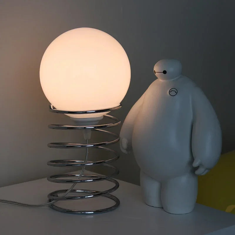 lampe table moderne sphérique spirale métallique blanc chrome