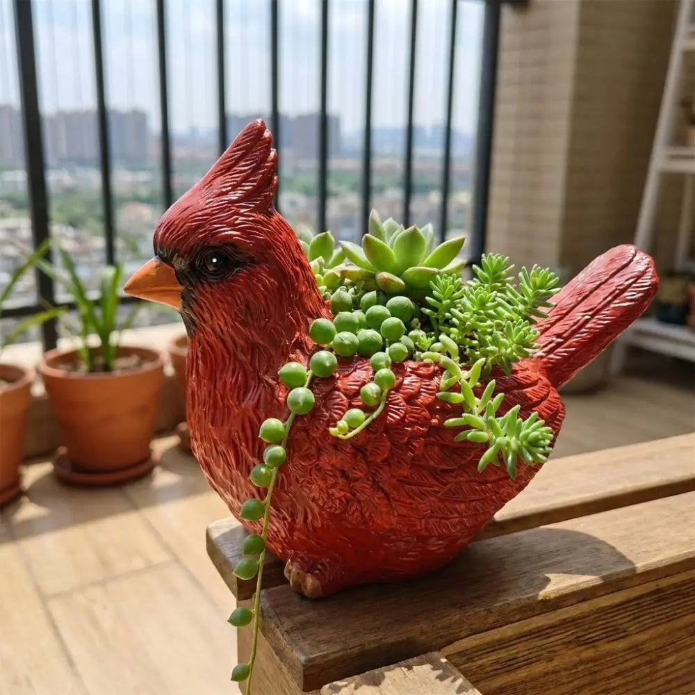 pot fleurs résine forme oiseau rouge texture écaillé original drainage plantes succulentes réaliste
