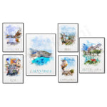 Une collection de toiles aquarelles représentant des vues panoramiques de destinations touristiques comme Istanbul, Berne, Cappadoce et Interlaken.