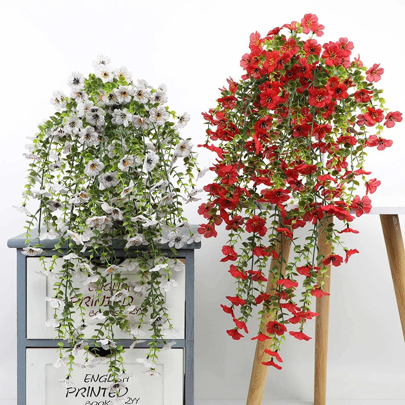 guirlande fleurs artificielles suspendues violet rose rouge blanc jaune orange décoration jardin mariage balcon