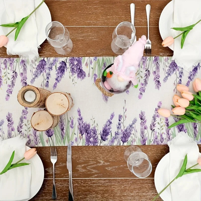 tableau chemin table imprimé floral lavande violet lilas vert blanc rustique décoration table extérieur