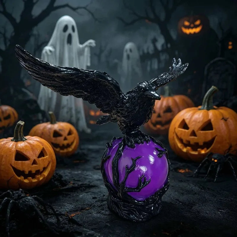 statue oiseau noir plumes gothique branches violet translucide artisanal