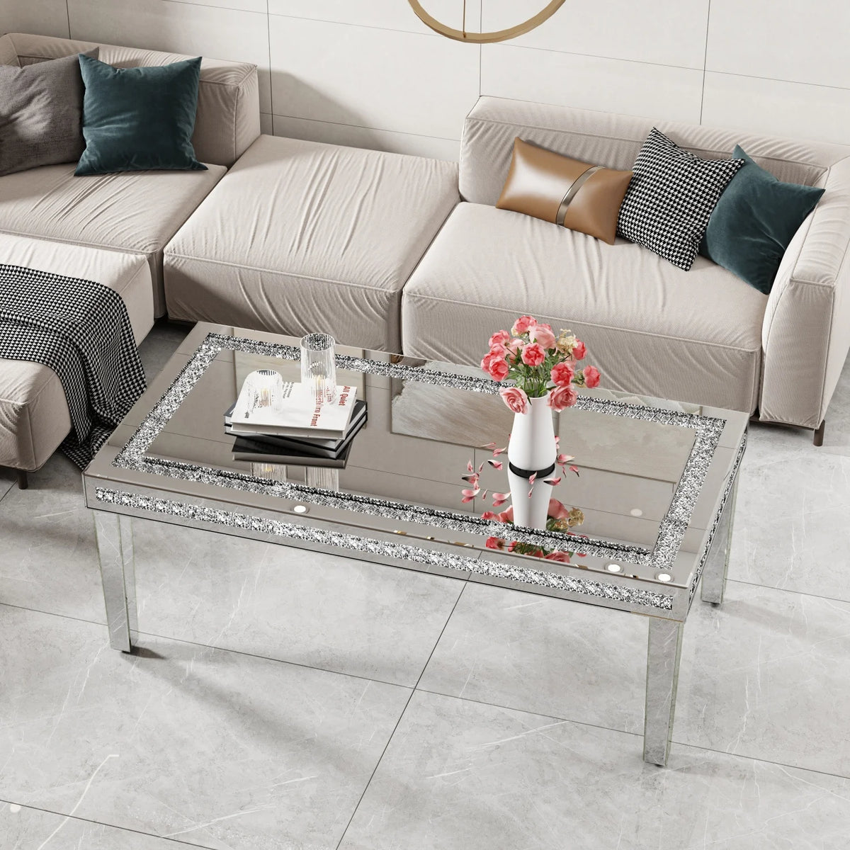 table basse rectangulaire transparente strass argentée moderne pieds verre salon decoration