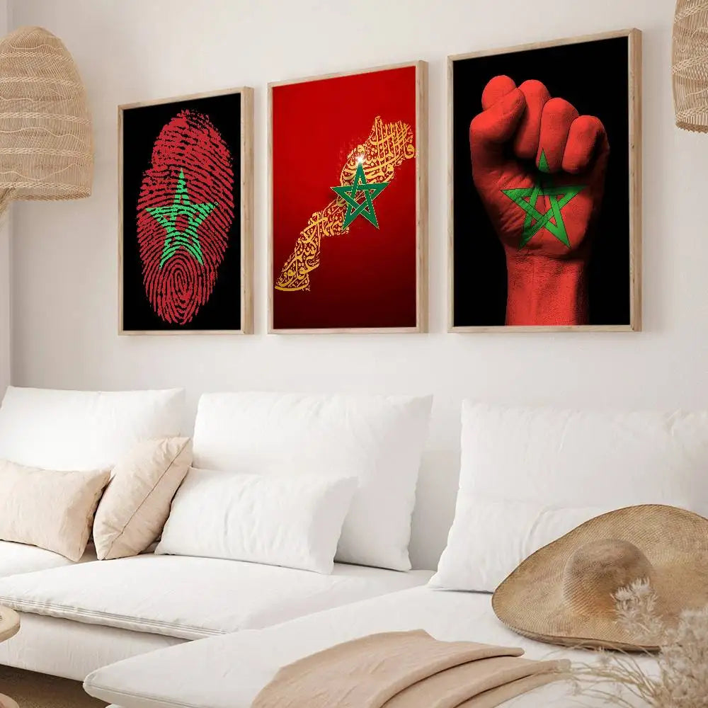affiche murale drapeau marocain cadre bois décoration salon chambre moderne rouge vert noir