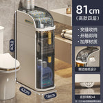 rangement salle bain moderne étages adhésif compartiments transparent beiges gris produits toilette papier serviettes