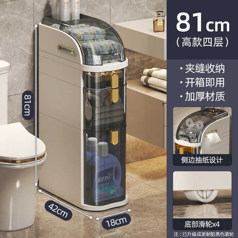 rangement salle bain moderne étages adhésif compartiments transparent beiges gris produits toilette papier serviettes