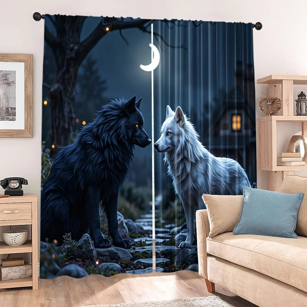 rideau deux loups nuit lune décoratif maison salon chambre polyester opacité bleu gris blanc